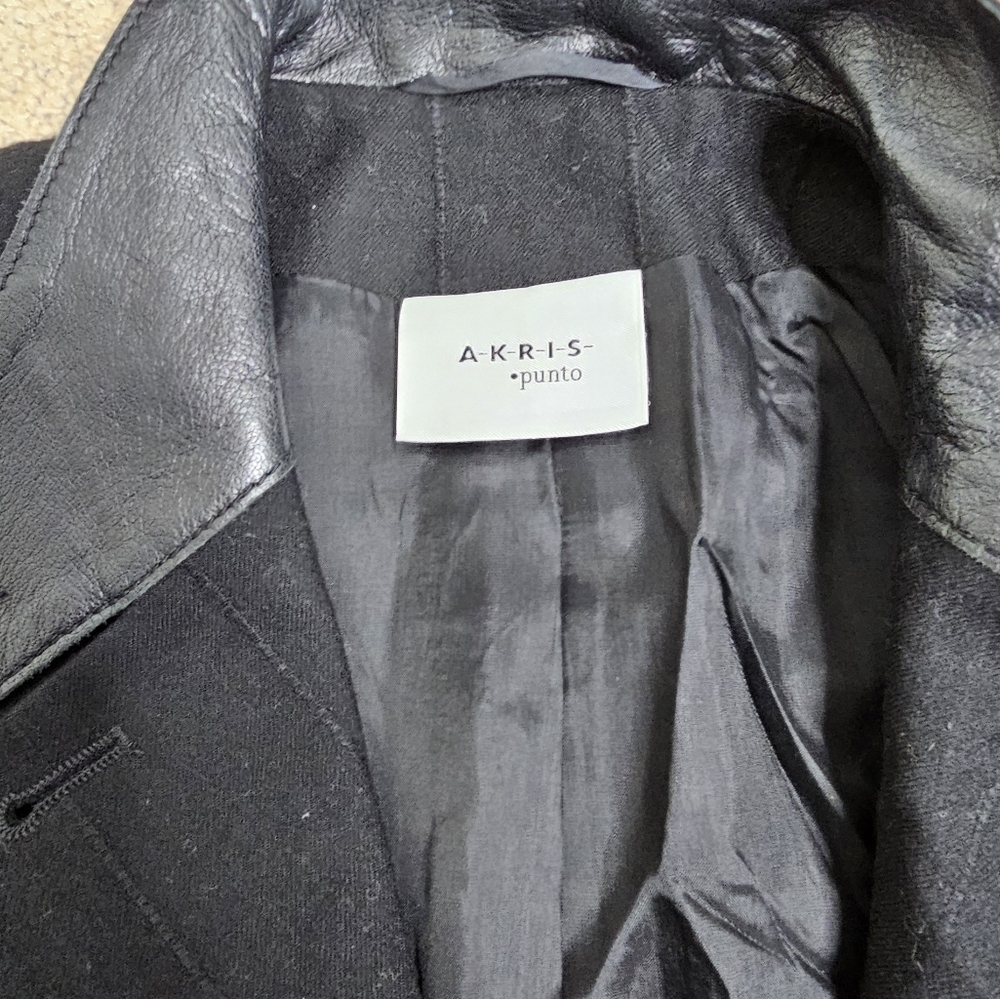 Akris Punto black wool military jacket blazer leather trim mono pinstripe 8 - Picture 9 of 12